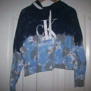 Calvin Klein Womens Cropped Tye Dye Hoodie Sweatshirt Size Lg blue on Blue Grey